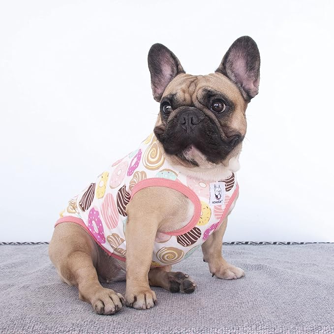 iChoue 100% Breathable Cotton French Bulldog Halloween Cartoon T Shirts Cute Clothes for Medium Dogs Vest Tank Tops Frenchie English Boston Terrier Pitbull Donuts - Large Plus