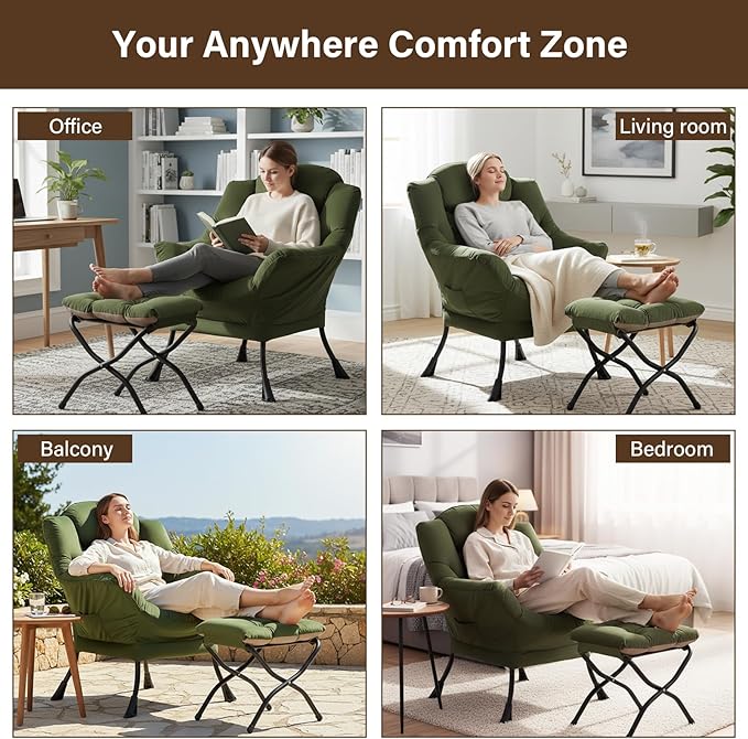 Welnow Lazy Chair with Ottoman, Modern Reading Lounge Accent Chair with Armrests and a Side Pocket, Leisure Upholstered Lazy Sofa Set with Footrest for Small Space, Army Green