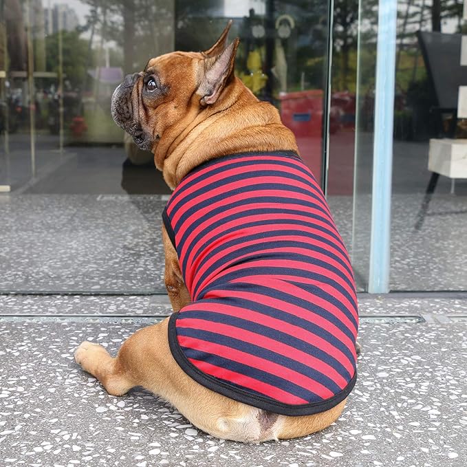 iChoue French Bulldog 100% Breathable Cotton Striped T Shirts Halloween Vest Clothes for Small Dogs Tank Tops Puppy Frenchie Pug English Boston Terrier Pitbull Red Blue Stripes - Medium