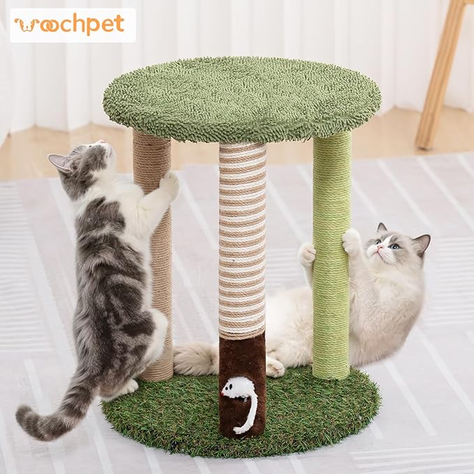 Cat Tree Tower with 3 Scratcher Posts 17inch Tall Cat Tree Sisal Scratching Posts with Fun Cat Toys for Kitty and Adult Cats Small Cat Tower and Perch Bed for Indoor Cats (Green)