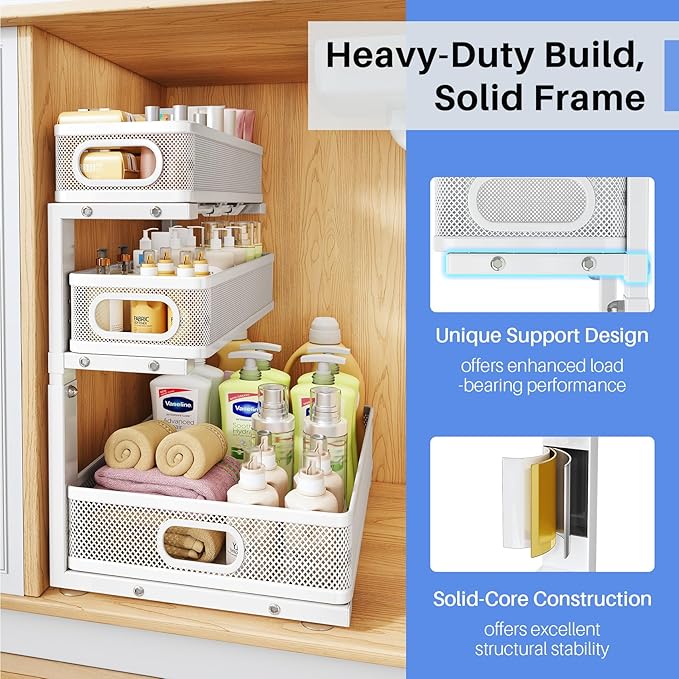 HERJOY Under Sink Organizer, 2-Pack 3-Tier Height Adjustable Thickened Metal Pull out Cabinet Organizer Shelf, Slide out Storage Drawer Rack for Bathroom Kitchen Pantry Home Laundry Organization White