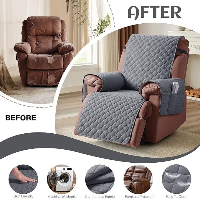 KinCam 100% Waterproof Recliner Chair Cover, Reclining Couch Covers for Pets, Dogs, Recliner Couch Slipcover Furniture Protector with Elastic Straps for Kids(23.6", Dark Gray)