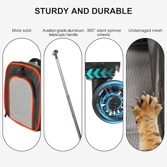 Cat Carrier with Wheels – Airline Approved Pet Travel Backpack, Soft-Sided Collapsible Rolling Carrier for Cats and Small Dogs, Expandable Top Loading Ventilated Design, Black