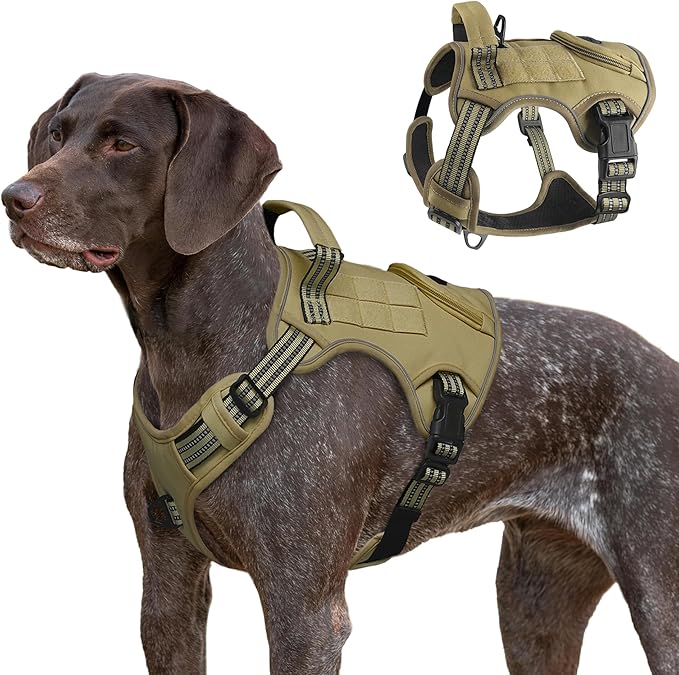 Tactical Dog Harness for Large Dogs, Heavy Duty No Pull Military Service Vest with Control Handle & 4 Patches, Adjustable Reflective Soft Padded Pet Harness for Training Walking Hiking (Brown, L)
