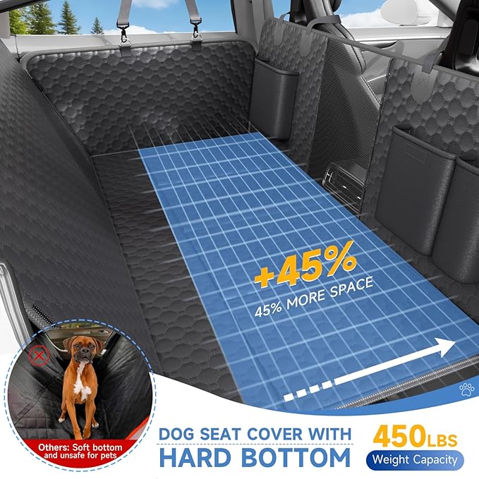 Dog Car Seat Cover for Back Seat Waterproof Oxford Fabric, Hard Bottom Back Seat Extender for Dogs Scratchproof, Dog Hammock for Car with Mesh Window, Fit Most Cars Small Trucks, Black