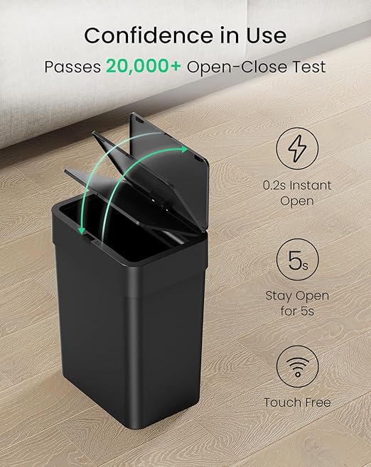 Cesun Bathroom Trash Can with Lid, 4 Gallon Motion Sensor Garbage Can Automatic Touchless Trash Cans, Slim Plastic Smart Waste Basket for Bedroom, Office, Living Room, Black