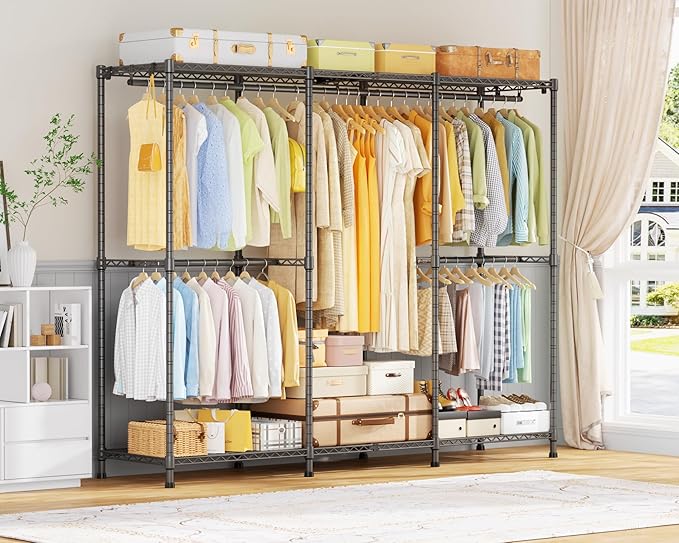 E14 Pro Heavy Duty Clothes Rack，Freestanding Clothing Racks for Hanging Clothes，Adjustable Closet Organizers and Storage，Metal Garment Rack with Shelves 69"W x16"D x77"H，Max Load 960LBS，Grey