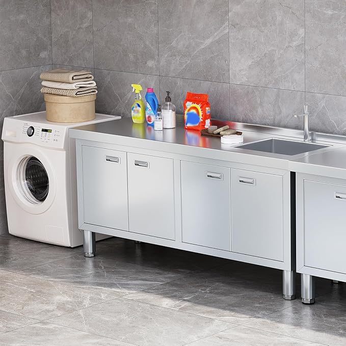 WWK 59" x 21" Stainless Steel Sink with Cabinet, Freestanding Utility Sink Laundry Sink, Heavy Duty Commercial Kitchen Sink for Outdoor, Restaurant, Hotel, Cafe, and Garage, 21D x 59W x 35H inches
