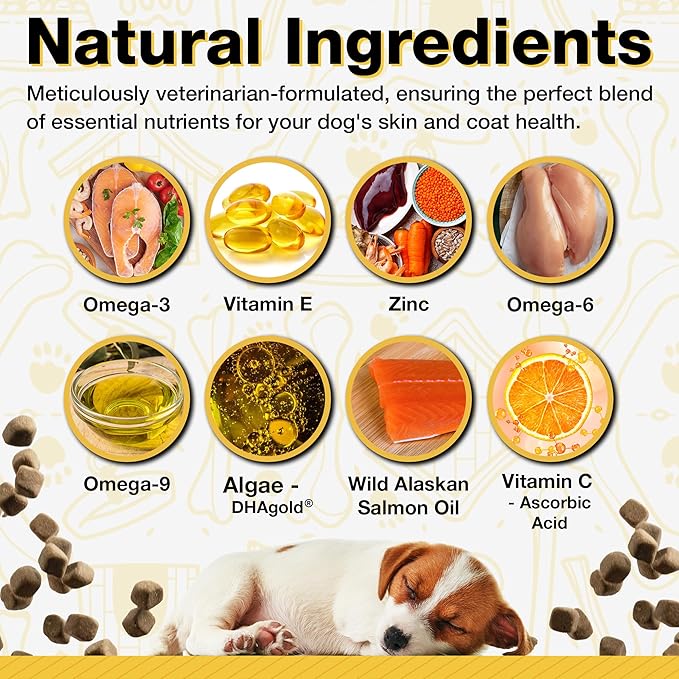 Dog Fish Oil Supplements - 240 Omega 3 Fish Oil Dog Vitamins, Veterinarian Formulated Itching Relief for Dogs, Natural Omega 3 Fish Oil for Dogs, Dog Skin and Coat Supplement (Salmon Flavor)