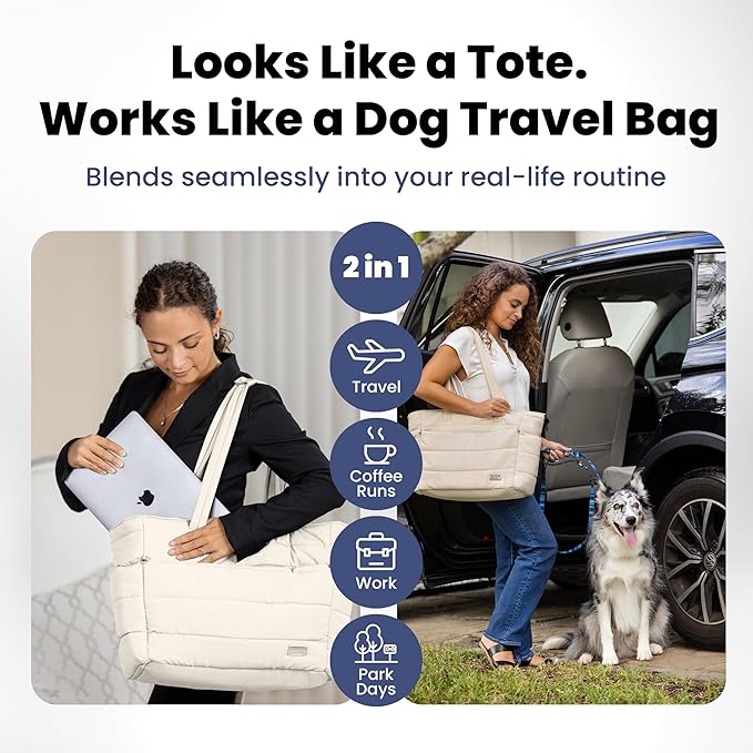 Puffer Dog Travel Bag for Dog Moms – Doggy Diaper Bag with Pet Bowls & Food Storage or Everyday Puffy Tote – Christmas Doggy Mom Gifts for Women – Lightweight, Travel-Ready Gift for Pet Lovers – Beige