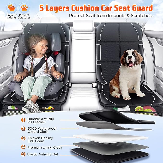Gimars XL Thickest 5-Layer EPE Car Seat Protector for Child Car Seat and Pet, 2 Pack Large Waterproof 600D Fabric Carseat Protector Car Seat Cover with 2 Mesh Pockets for SUV Sedan Truck Leather Seat