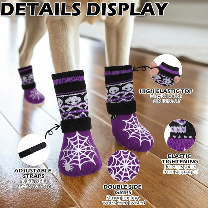 EXPAWLORER Halloween Anti Slip Dog Socks to Prevent Licking Paws, Boots & Paw Protectors with Spider Web Grippers,Doggie Booties for Hardwood Floors for Small Medium Large Senior Dogs Purple Ghost L