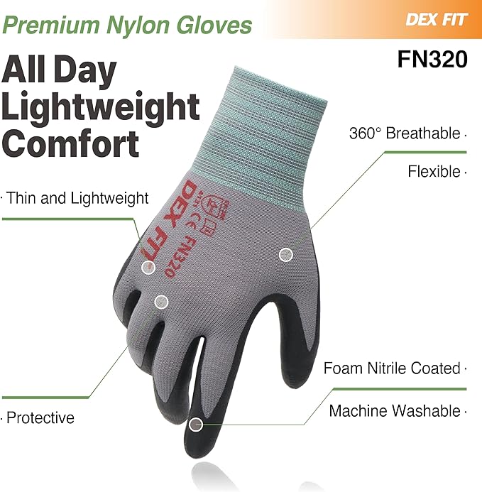 DEX FIT Premium Nylon Nitrile Work Gloves FN320, 3 Pairs, 3D-Comfort Stretchy Fit, Firm Grip, Thin & Lightweight, Durable, Breathable & Cool, Machine Washable; Grey 11 (XXL)