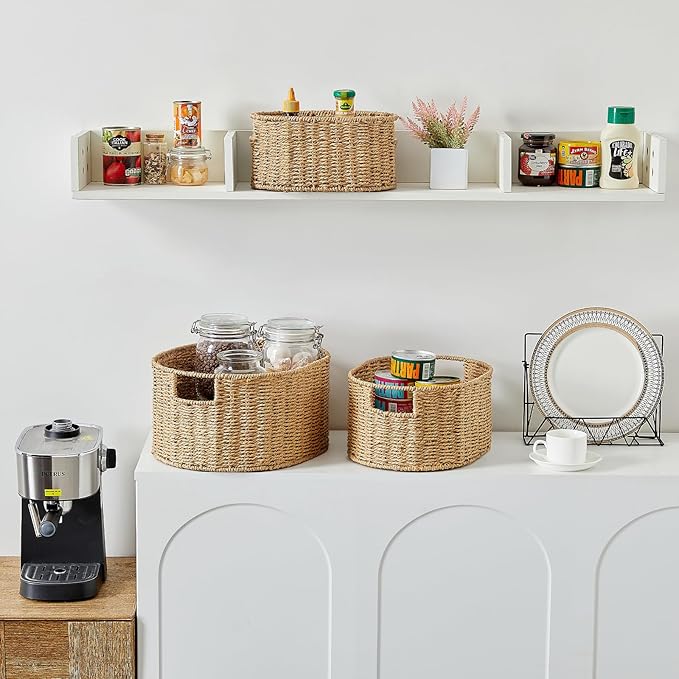 Vagusicc Wicker Storage Basket, Set of 3 Hand-woven Storage Baskets for Organizing, Round Large Wicker Baskets for Storage Decor, Pantry Storage Cubes Organization Baskets for Shelves, Natural