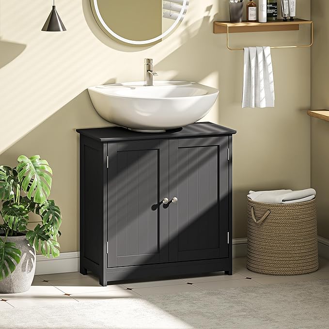 kleankin 23.5" Pedestal Sink Storage Cabinet, Freestanding Bathroom Under Sink Cabinet with U-Shape Cut-Out and Adjustable Shelf, Black