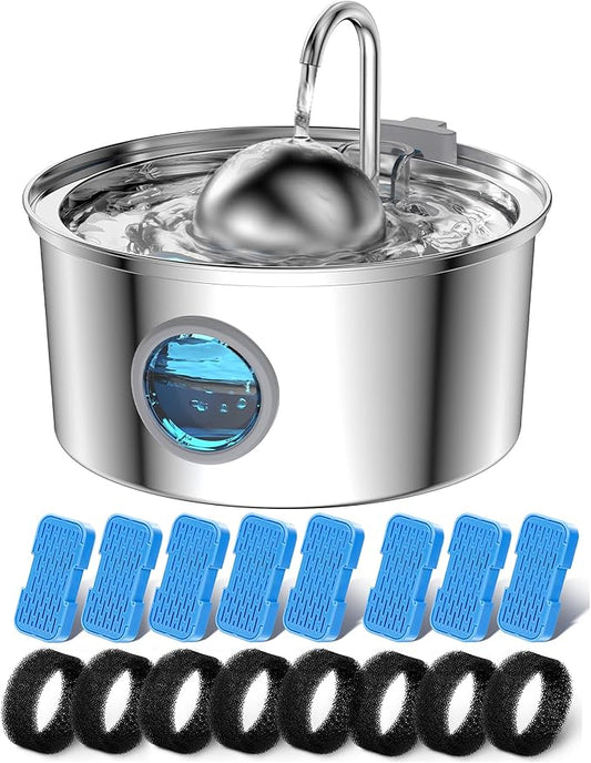 AONBOY Cat Water Fountain with 16 Filters, 108oz/3.2L Cat Fountain Stainless Steel, Includes 8 Carbon Filters and 8 Sponge Filters, Faucet Shape Dog Water Fountain, Double Noise Reduction Design
