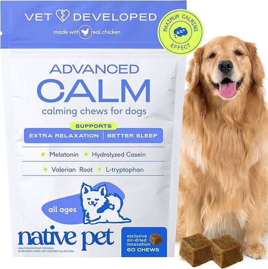 Native Pet Advanced Calming Chews for Dogs Medium Breed - Anxiety Relief, Stress, Separation & Sleep Support with Melatonin for Dogs, Hydrolyzed Casein, Valerian Root & L-Tryptophan - 30 Days Supply