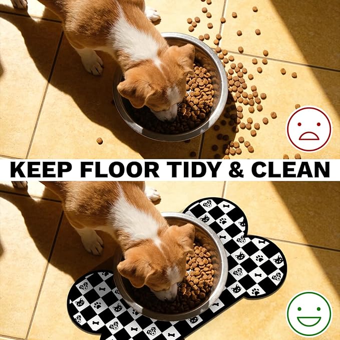 Pet Dog Cat Food Mat, Absorbent Bone Shaped Dog Bowl Mats for Food and Water, Non Slip Cute Footprint Dogs Cat Placemats Feeding Mat for Floors Puppy Pet Accessories Supplies 12"x20" Black White