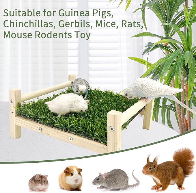 FlidRunest Wooden Rat Foraging Toys, Artificial Grass Foraging Mat for Rats, Safe Rats Enrichment Toys Activities, Boredom Relief Hanging Bed for Pet Rat