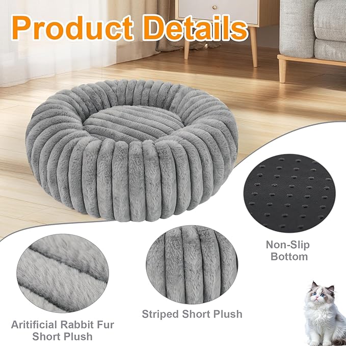 Washable Small Cat Dog Bed,Calming Anti Anxiety Round Donut Dog Bed,Cute Kitten Cat Beds for Indoor Cats,Fluffy Puppy Dogs Beds for Small Dogs, Anti-Slip Comfort Pet Bed(Grey,S)