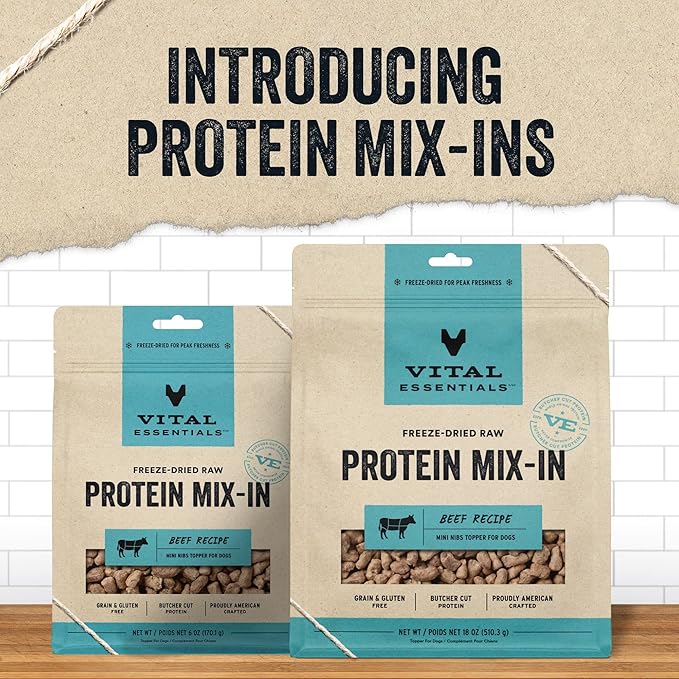 Vital Essentials Freeze Dried Raw Protein Mix-in Dog Food Topper, Beef Mini Nibs Topper for Dogs, 18 oz
