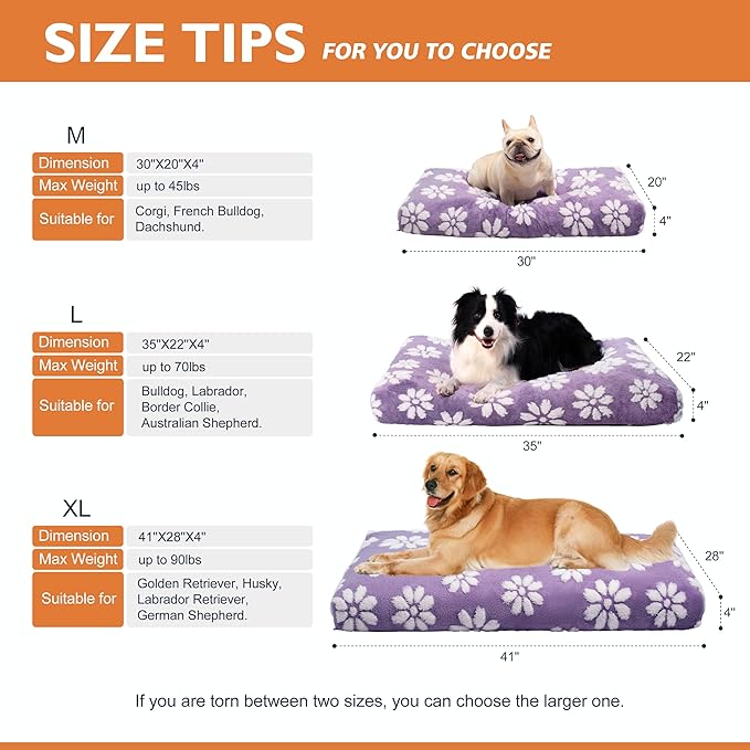 Dog Beds for Large Dogs, Cute Thick Dog Bed for Crate Kennel, Fluffy Pet Bed with Removable Washable Cover and Anti-Slip Bottom, 35"x 22", Purple Flower