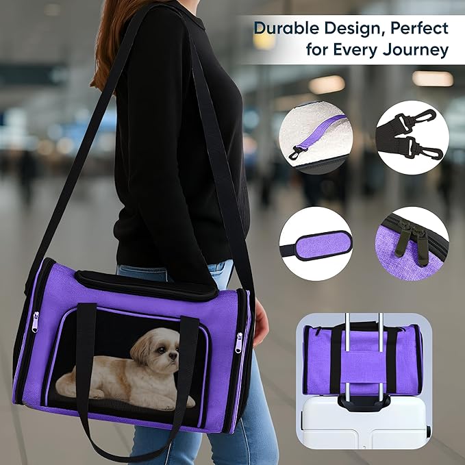 Pet Travel Carrier Bag – Airline Approved Soft-Sided Dog & Cat Carrier, Foldable, Breathable Mesh, Washable Pad – Fits Pets up to 15 lbs – The Pup Quartet (Purple)