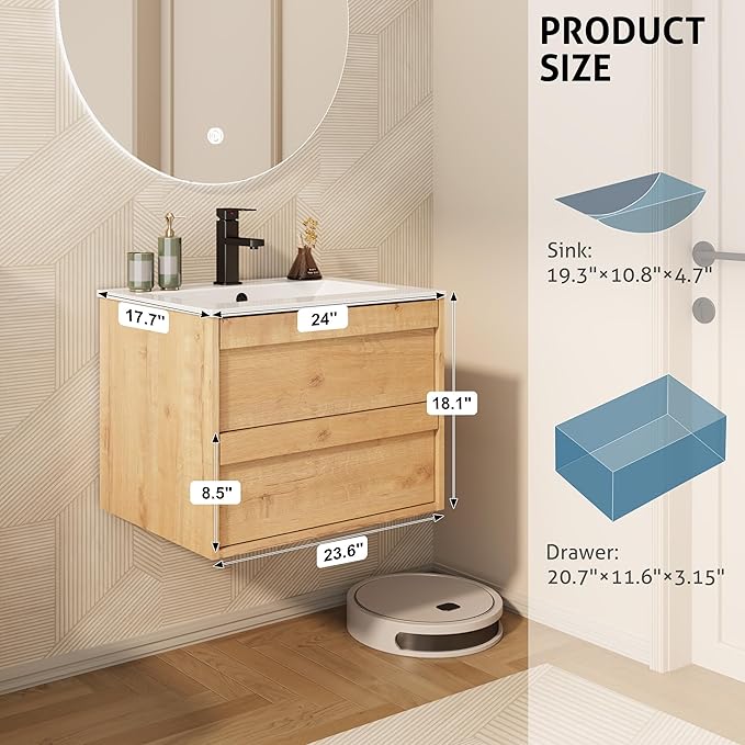 eclife 24" Floating Bathroom Vanity Sink Combo, Wall Mounted Modern Minimalist Storage Cabinet with 2 Drawers, Include Sink, Faucet & Drain, Natural