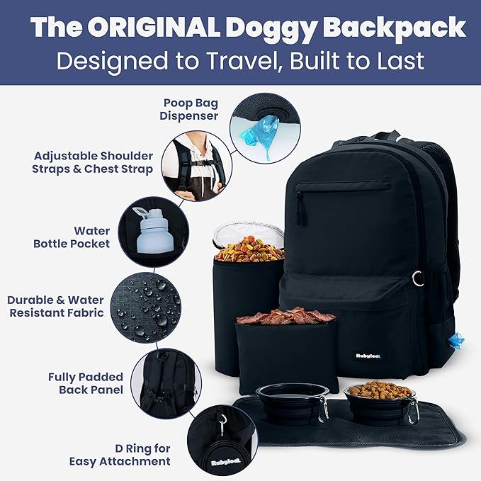 Dog Travel Bag for Supplies - Complete Doggy Diaper Bag Backpack - Ideal Gift for Dog Lovers, Doggy Moms & Dads for Christmas - Laptop Sleeve, 2 BPA-Free Bowls, Food Container, Treat Pouch: Black