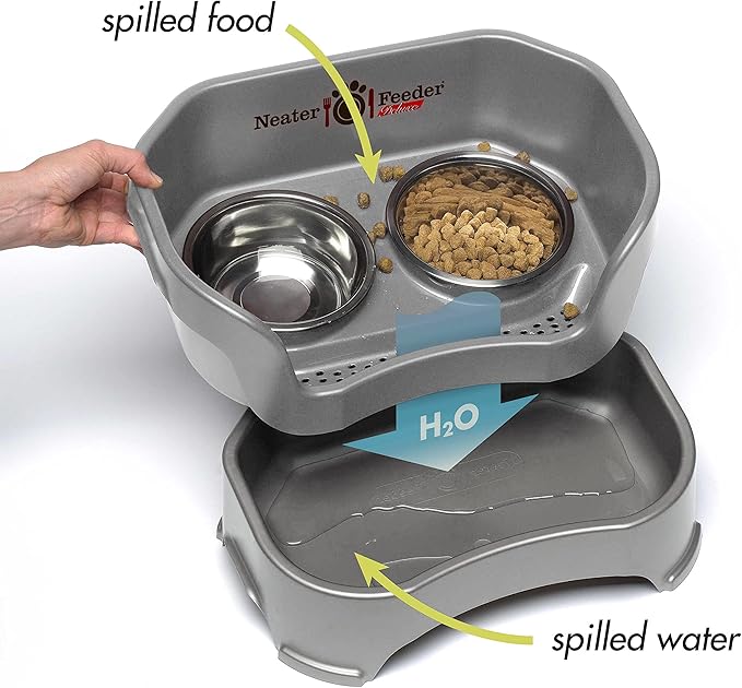 Neater Feeder Deluxe Mess-Proof Elevated Dog Bowls for Medium Dogs (19–40 lbs), 2 Height Adjustable (10” & 12.5”) No-Spill Raised Dog Bowl Stand, Stainless Steel Food Bowl Set, Made in USA, Grey