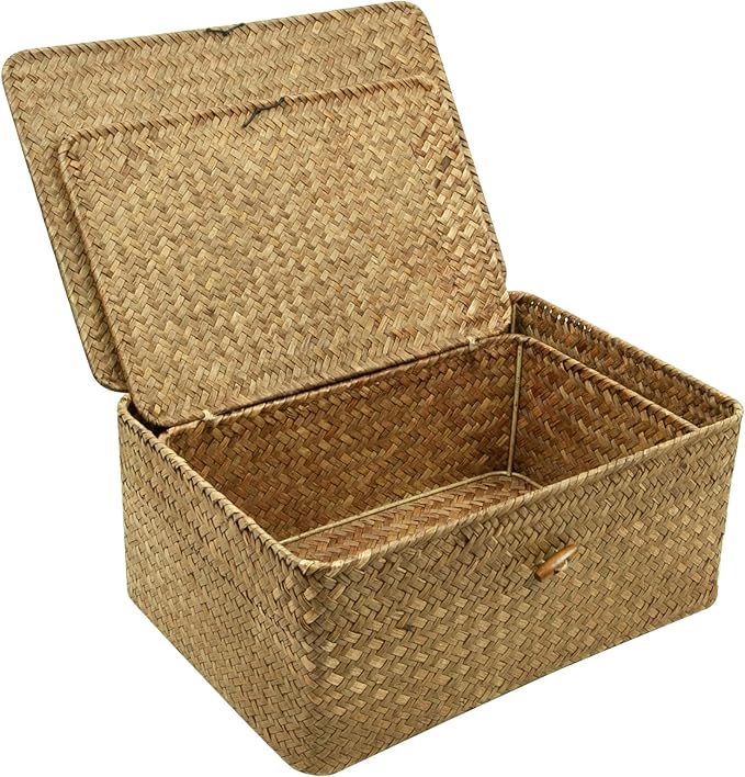 Wicker Storage Baskets with Lid, Set of 2 Handwoven Seagrass Household Organizer Basket Bins Decorative Boxes Storage Containers for Shelves Drawers Desk Closet Pantry Playroom Classroom