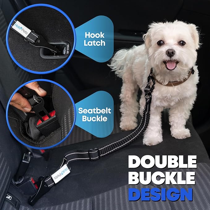 Dog Car Seat Belt 3-in-1 Adjustable Safety Seatbelt for Dogs in Car – Durable Extra Thick Nylon Webbing Bungee with Hook & Buckle Latch, Reflective Dog Harness (Black).