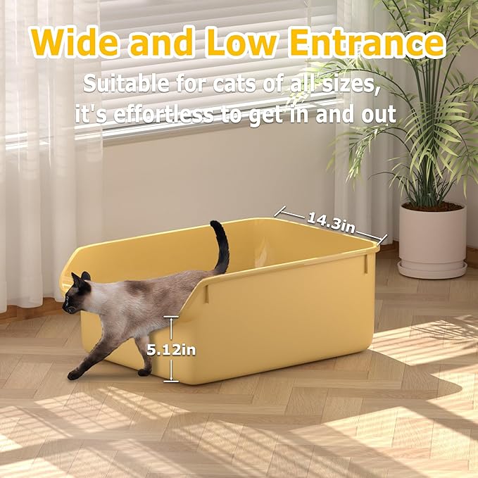 Large Cat Litter Box with High Side Cat Litter Pan Boxes for Indoor Cats Kitty Litter Box with Low Entry Open Top Entrance,Anti-Splashing(Yellow)