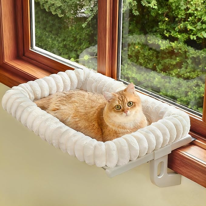 Cloud-Cuddle Cat Window Perch with 4-Sided Bolster, Zipper Design Cushion Window Seat for Window Sill, Sturdy Metal Frame & Easy Assembly Pet Hammock Bed for Indoor Cats (White, Medium)