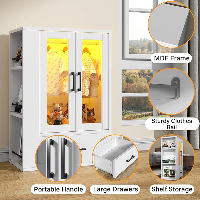 Semoic Wooden Dog Closet with LED Lights, Pet Wardrobe Organizer | Storage Cabinet for Dog & Cat Clothes, Toys, Food | Multi-Use Furniture, White