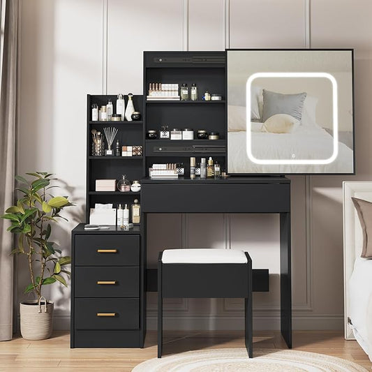 Vanity Desk with Sliding LED Mirror, Makeup Dressing Table with 4 Drawers, Storage Shelves, Power Outlet & Cushioned Stool, Adjustable 3 Lighting Modes, Modern Vanity Set for Bedroom, Black