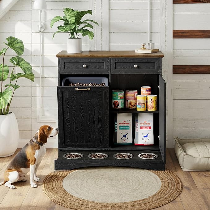 Double Door Dog Feeding Station with Storage,2X13 Gallons Tilt Out Trash Can Cabinet,Dog Food Cabinet with 4 pcs Dog Bowl for Kitchen/Living Room (Black, Double Door)