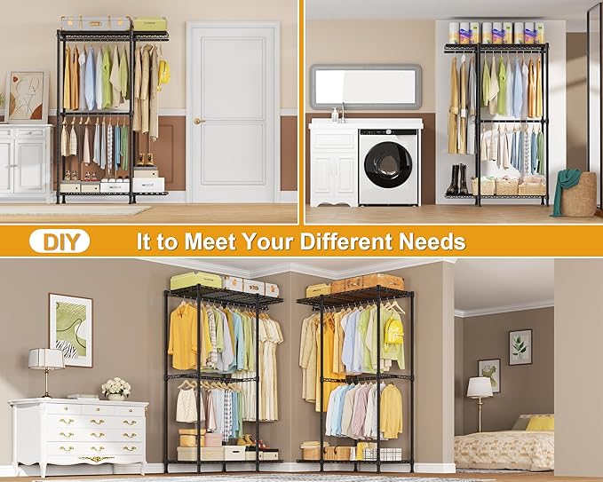 E14 Pro Heavy Duty Clothes Rack，Freestanding Clothing Racks for Hanging Clothes，Adjustable Closet Organizers and Storage，Metal Garment Rack with Shelves 69"W x16"D x77"H，Max Load 960LBS，Black
