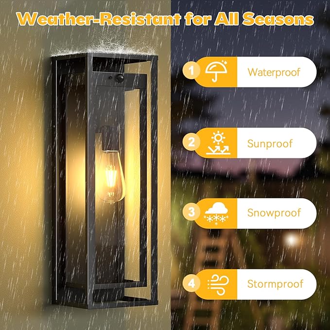 20in Outdoor Wall Light Motion Sensor-Black Modern Sconce Waterproof Exterior Lighting Fixture E26 Socket Porch Lights Extra Large Lantern for Entryway Patio House Garage 2Pack