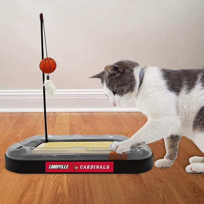NCAA LOUISVILLE Cardinals Basketball Scratcher Toy - REVERSIBLE Felt/Cordboard, Interactive Cat Ball, 6-in-1 Cat Toy Wand, Plush Basketball Catnip-Filled