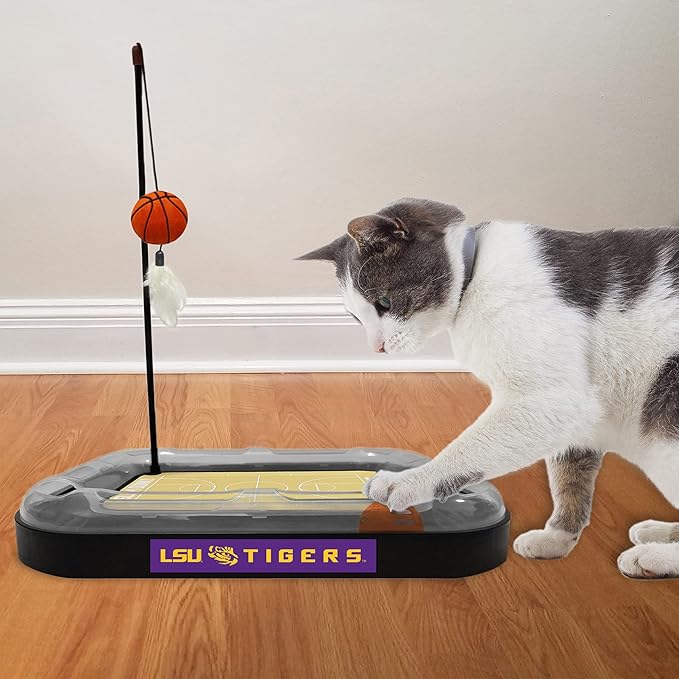 Cats Scratcher NCAA LSU Tigers Basketball Court CAT Scratcher Toy with Catnip Filled Plush Basketball Toy & Feather Cat Toy Hanging, with Jingle Bell Interactive Ball Cat Chasing 5-in-1 Kitty Toy