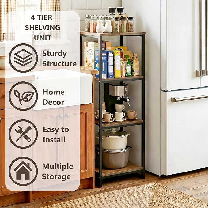 4-Tier Bathroom Shelving Unit, 33.7" H Narrow Open Floor Shelves, Metal Corner Slim Storage Rack for Bathroom Laundry Room Kitchen Living Room, Rustic Brown