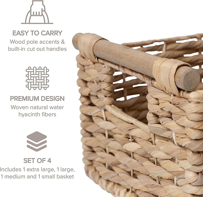 RGI Home Water Hyacinth Storage Baskets - Set of 4 Woven Decorative Baskets, Multi-size Organizers for Household Storage, Home Office, Pantry, Kitchen, Laundry, with Handles & Wood Accents, Natural