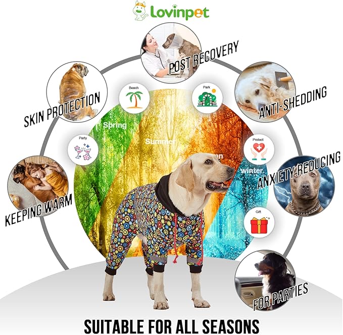 LovinPet Large Big Dog Onesies, Wound Care/Post Surgery Dog Shirt, Stop Shedding for Dogs, Pet Anxiety Relief Pajamas, PJ's for Dogs, Reflective Stripe, Gears and Black Print, Pet PJ's, 2XL
