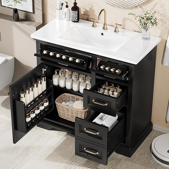 Christopher Knight Home Meril Bathroom Vanity with Ceramic Sink, Wooden Bathroom Storage Cabinet, Pedestal Sink Storage Cabinet, Bathoom Vanity Organizer, Adjustable Door Shelves+Drawer, Black