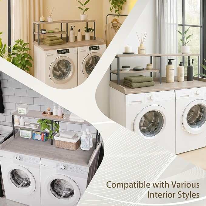 Washer and Dryer Countertop with Shelf, 2-Tier 54" x 27.5" Wood Laundry Countertop, Washer Dryer Topper with High Edge Rails and Hooks, Non-Slip Pads, Waterproof & Heat Resistant Top (Gray)