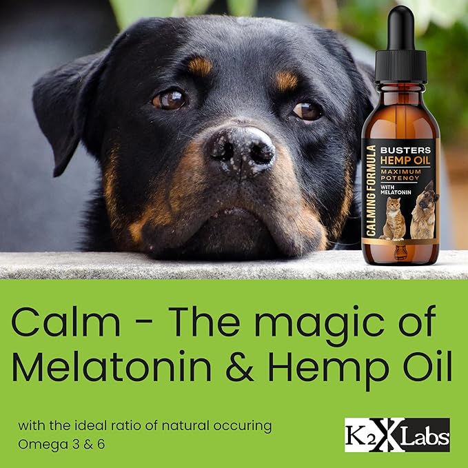 Busters 2Pack Calming Hemp Oil for Dogs, Cats, Infused with MELATONIN, Sleep Support, Soothing, Natural Relief, Ideal Omega Ratio, Adrenal Support (Calming Formula 2-Pack)
