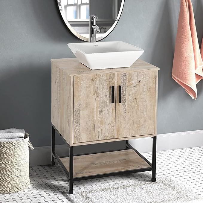 eclife 24" Bathroom Vanity Sink Combo Modern Metal Stand Cabinet W/Bottom Shelf White Square Vessel Sink & Water Save Faucet & Pop Up Drain, Oak (A07)