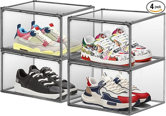 4 Pack Grey Large Shoe Storage Boxes Clear Plastic Stackable Shoe Display Case with Magnetic Door, Easy Assembly Fit up to US Size 13