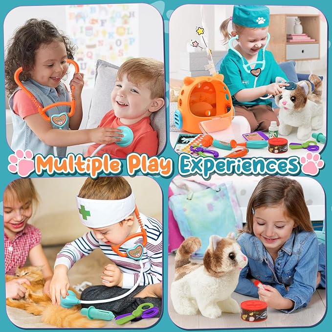 17PCS Interactive Cat Toys for Kids, Toys for 3 4 5 6 7 8 Year Old Girls Kids Boys, Walking & Meowing Cat Toy with Sound, Veterinarian Playset for Toddlers, Idea Birthday Gifts for Little Girls
